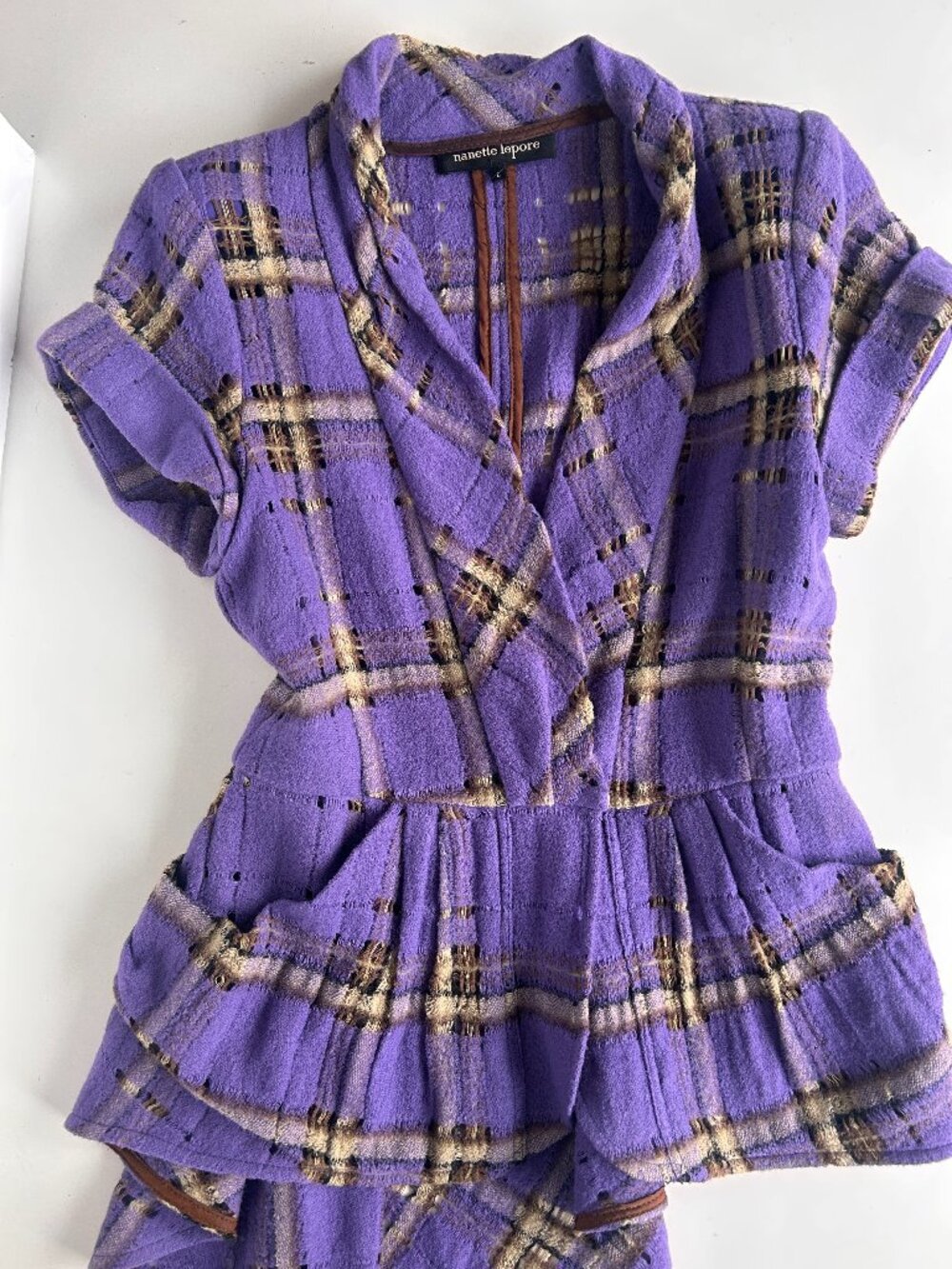 Vintage Nanette Lepore Purple Plaid Wool Peplum Jacket Top Size 6
